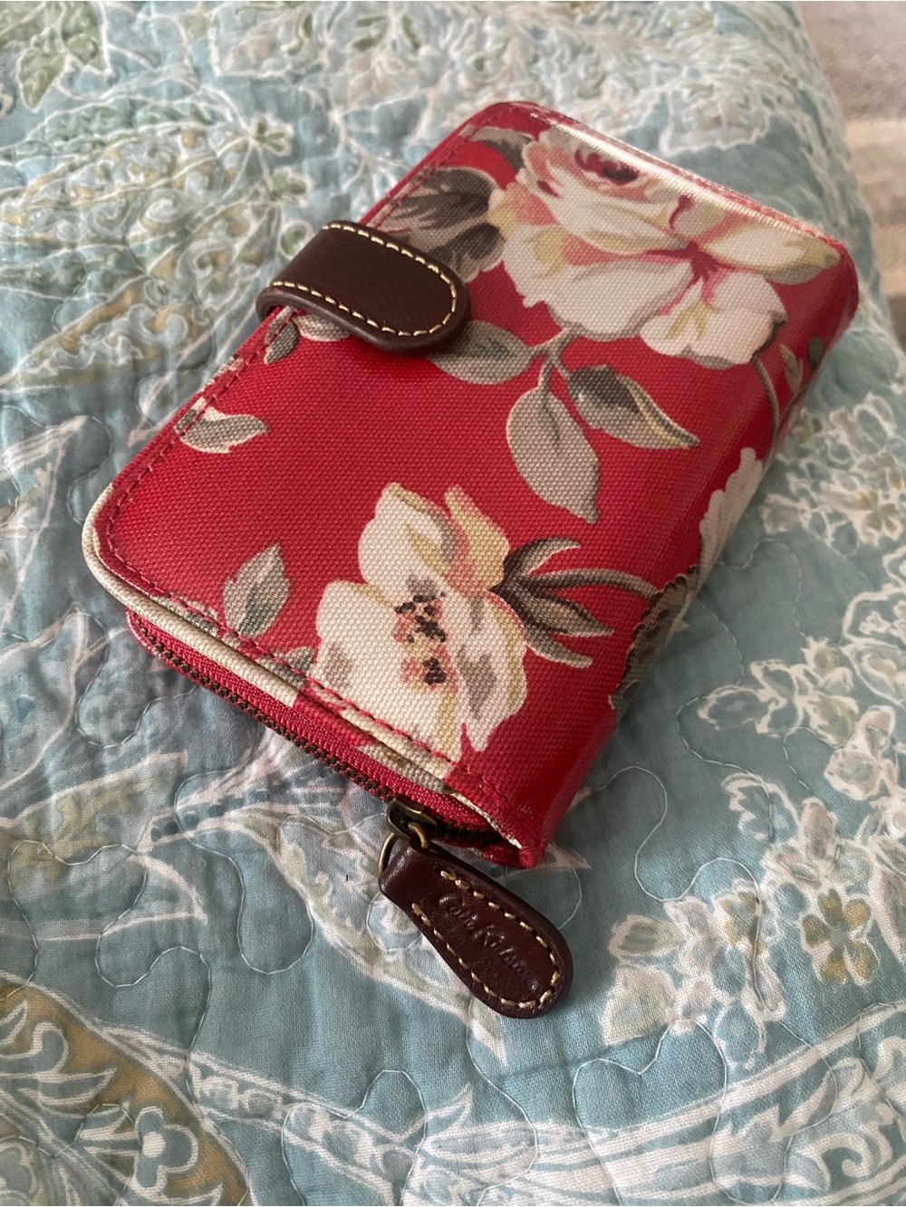 Cath Kidston Red Floral Zip Wallet with Brown Leather Trim